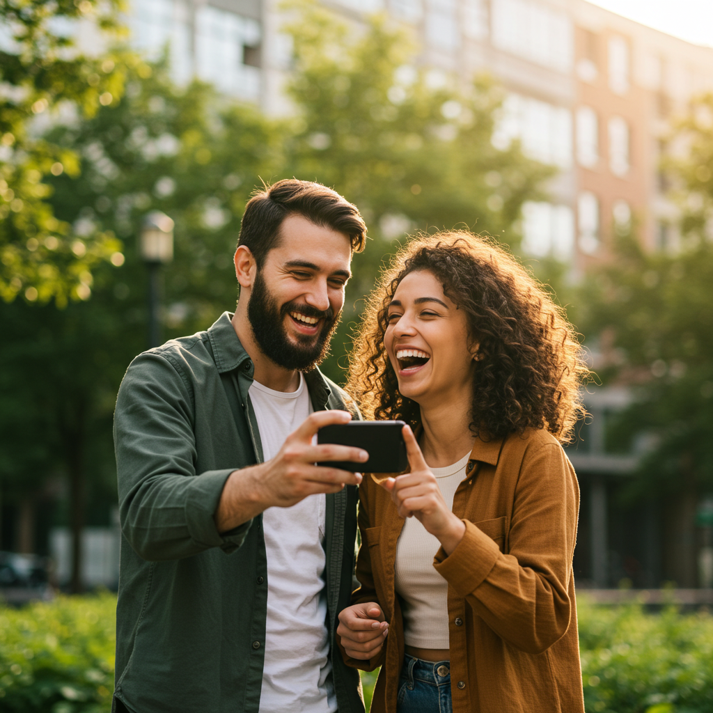Couple in their 30s laughing while trying to take artistic photos of each other with smartphones in an urban park