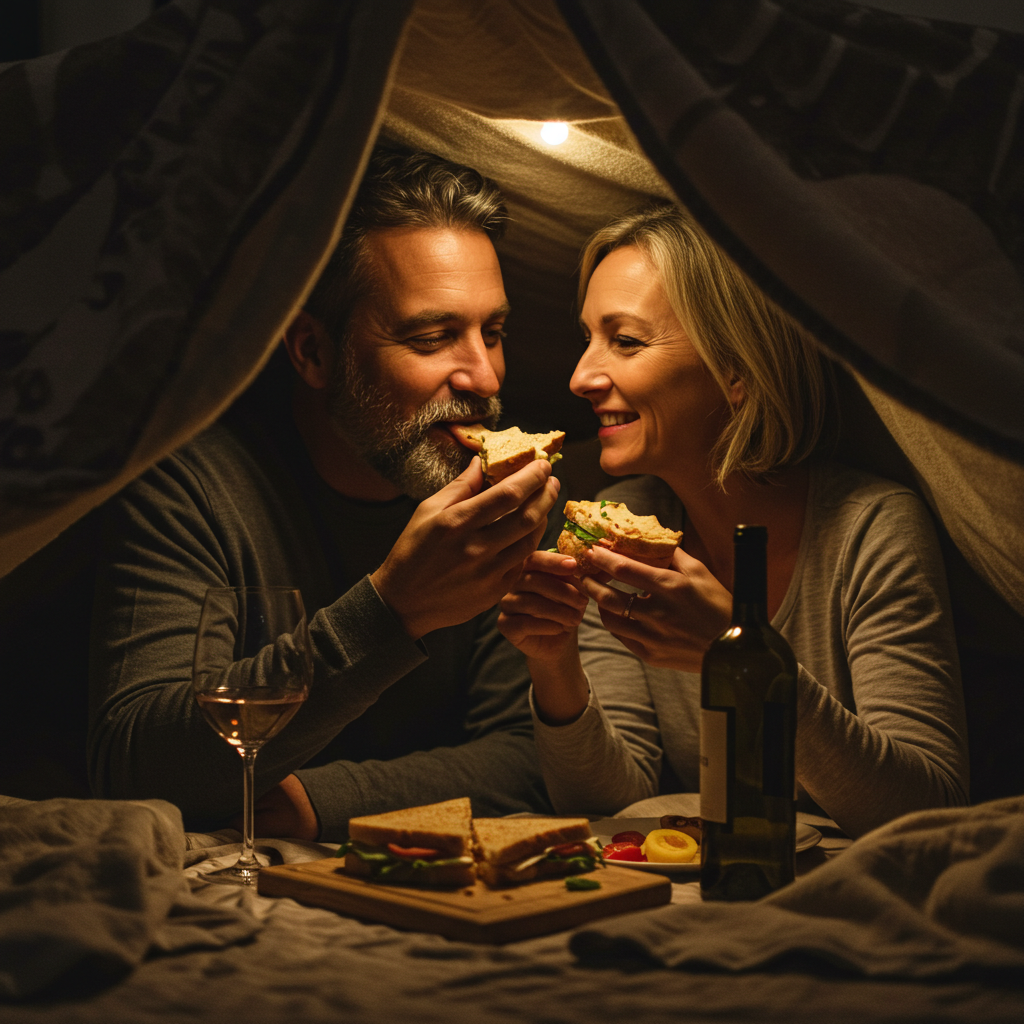 Mid-40s couple sharing sandwiches and wine by flashlight under makeshift blanket fort, one playfully feeding the other