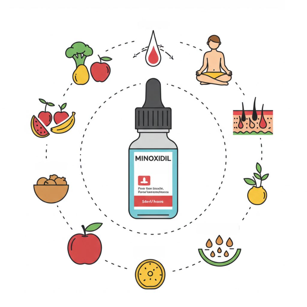 [Infographic showing the minoxidil enhancement protocol with microneedling, nutrition, and stress management]