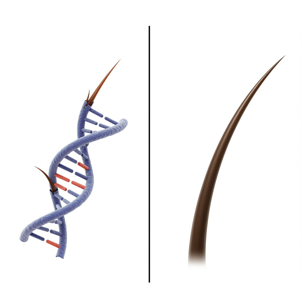 A split-image illustration. On one side, a visual representation of a mutated, flawed DNA strand next to a weak, broken hair. On the other side, a corrected, perfect DNA strand next to a strong, healthy hair shaft.