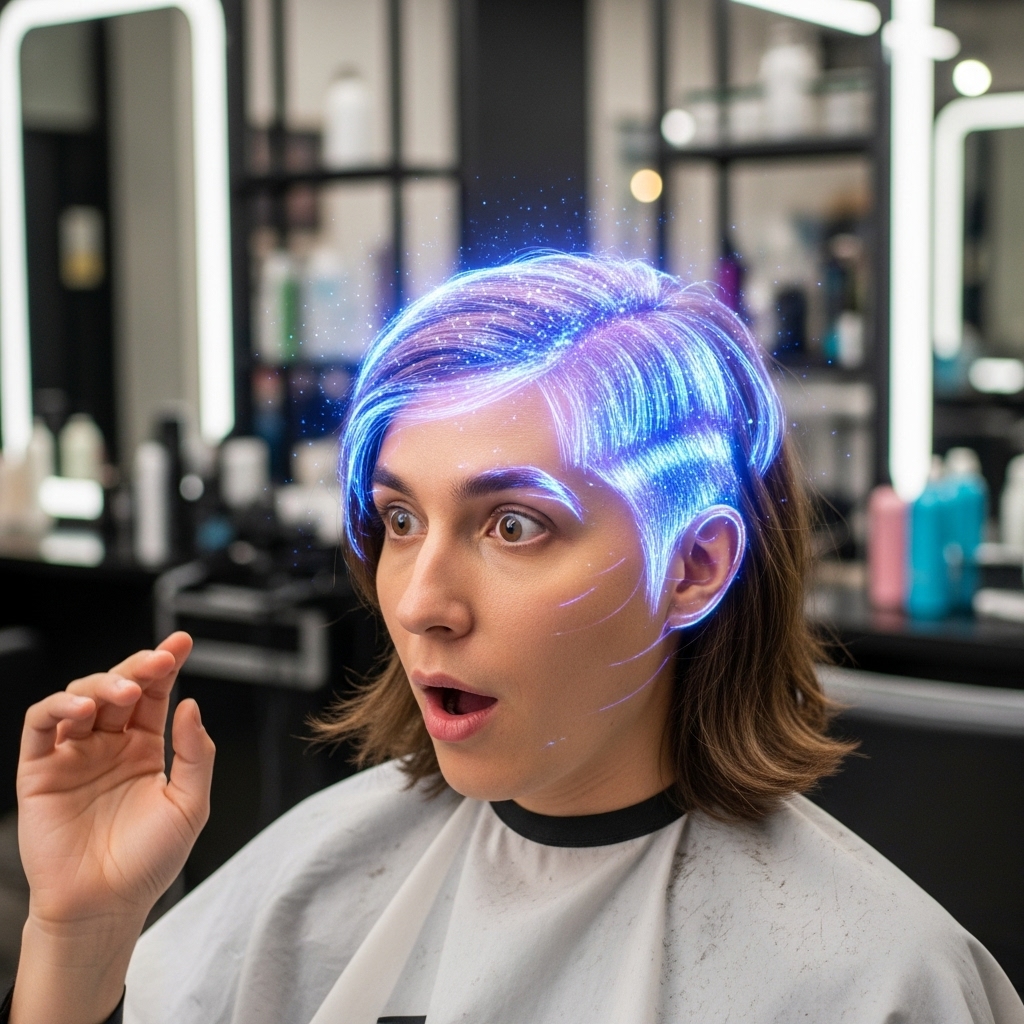 A person interacting with a realistic, volumetric hologram of the a haircut on them, looking amazed.
