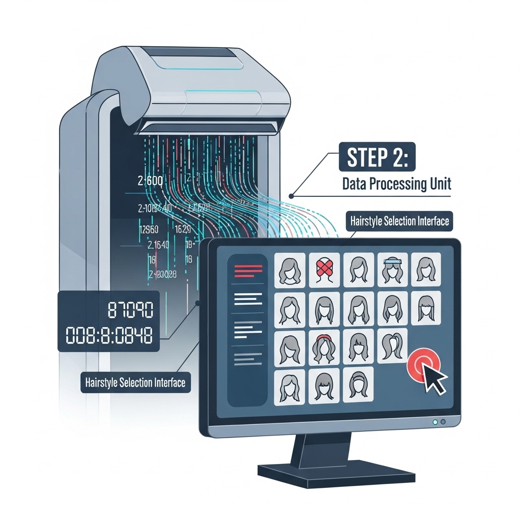 A detailed, technical-looking diagram showing the three-step process: a head being scanned with light rays, that data feeding into a computer with hairstyle icons, and then a projector emitting light to form a hologram above a person's real head.