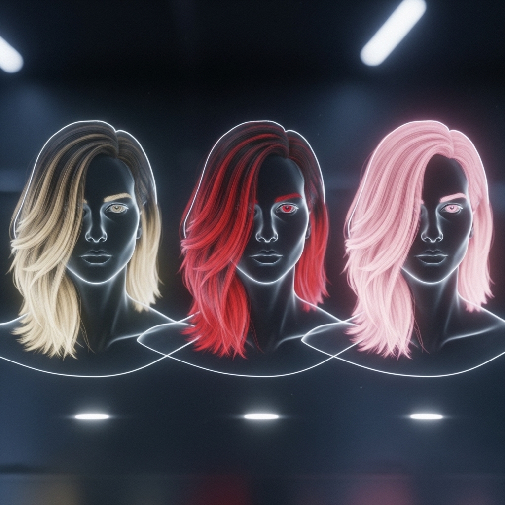 A sequence of three holograms showing the same person's head with three dramatically different hair colors: a subtle blonde balayage, vibrant red streaks, and a pastel pink ombre.