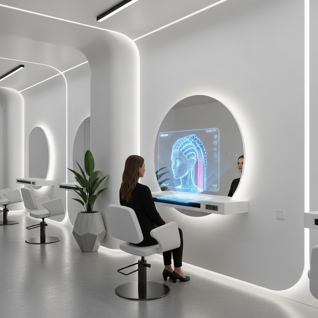 A shot of a clean, minimalist salon of the future. At a station has a small, discreet holographic display unit of client, previewing their hairstyle.