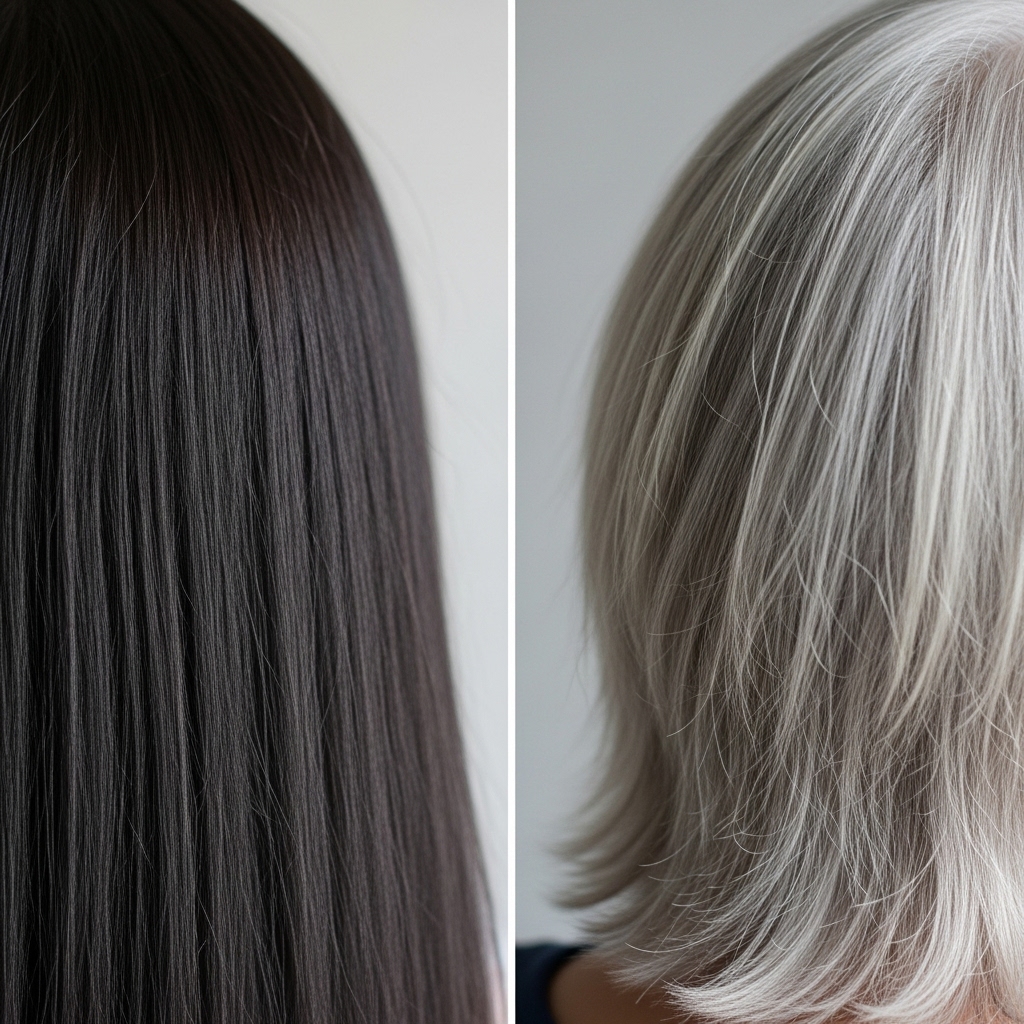 [Side-by-side comparison of a young person's hair and an older person's gray hair]